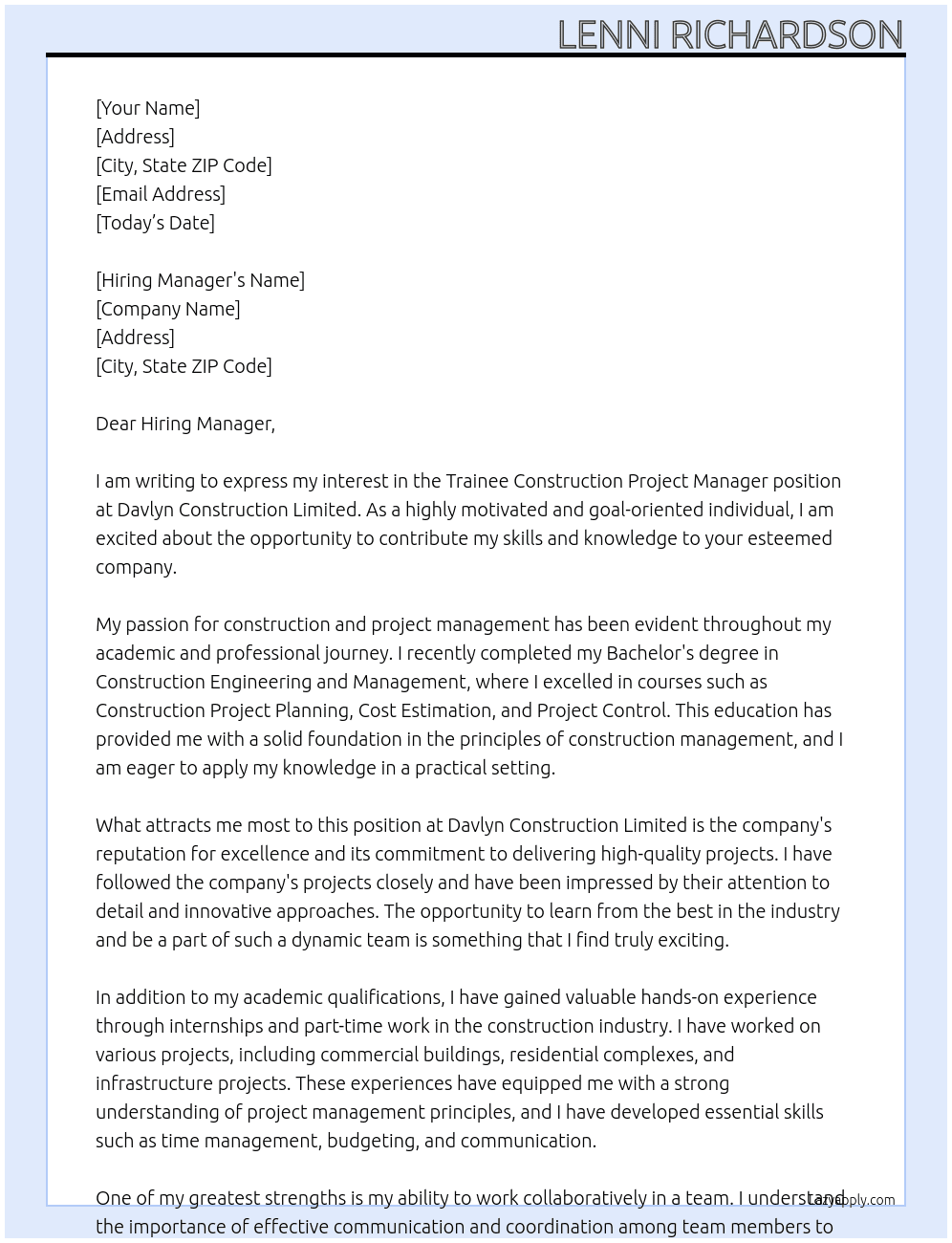 Trainee construction project manager At Davlyn construction limited Cover Letter