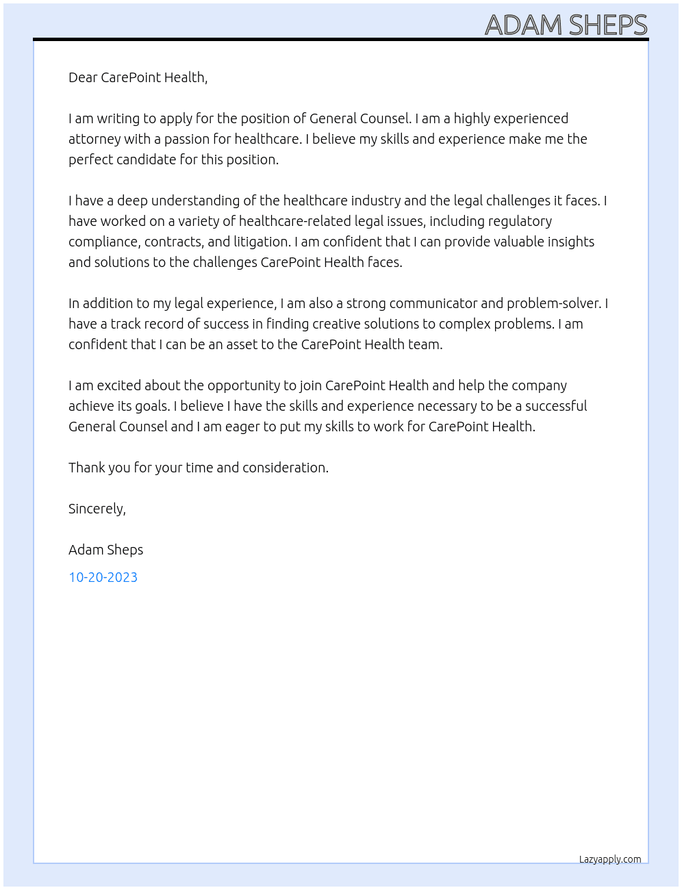 General Counsel At CarePoint Health Cover Letter
