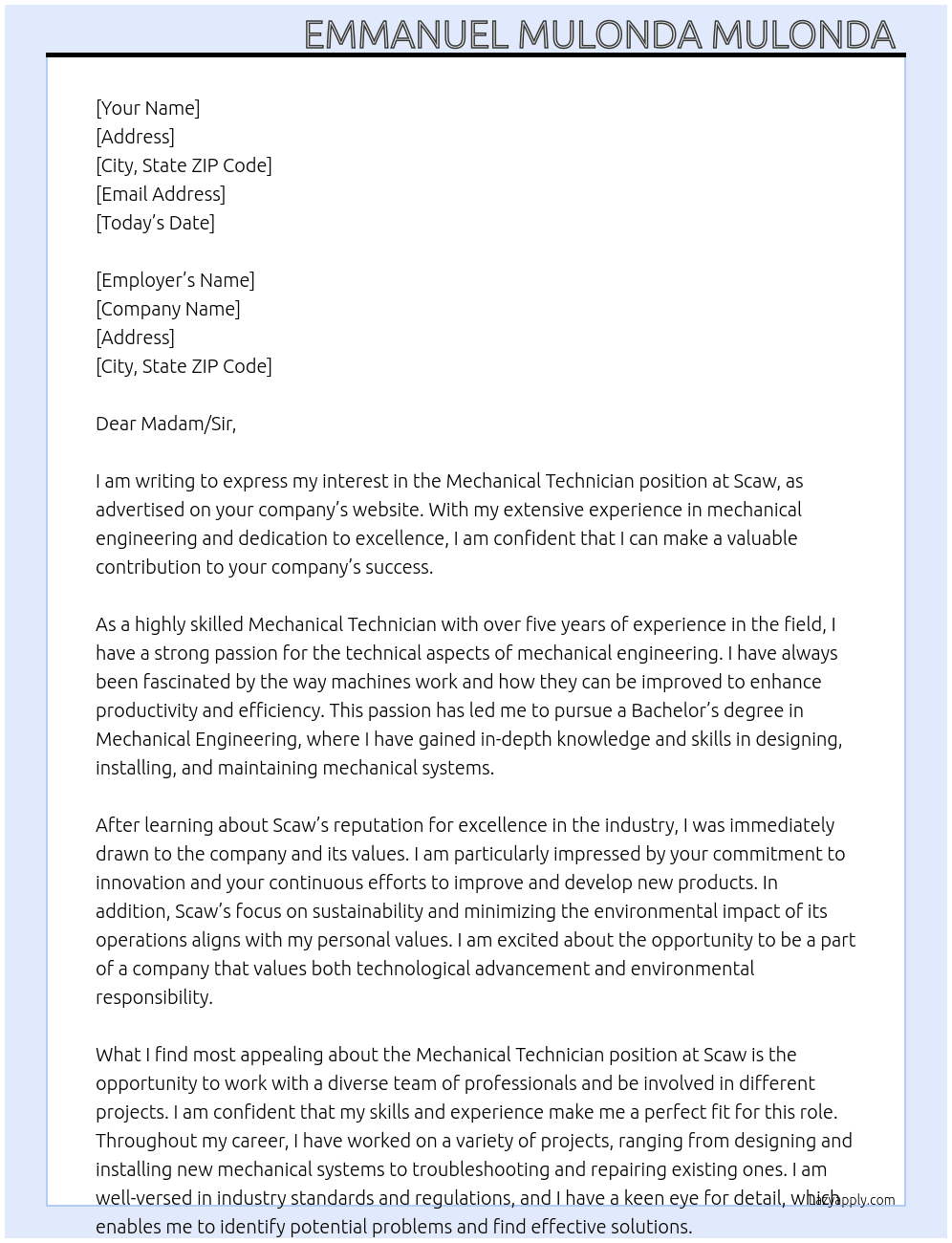 Mechanical Technician  At Scaw  Cover Letter