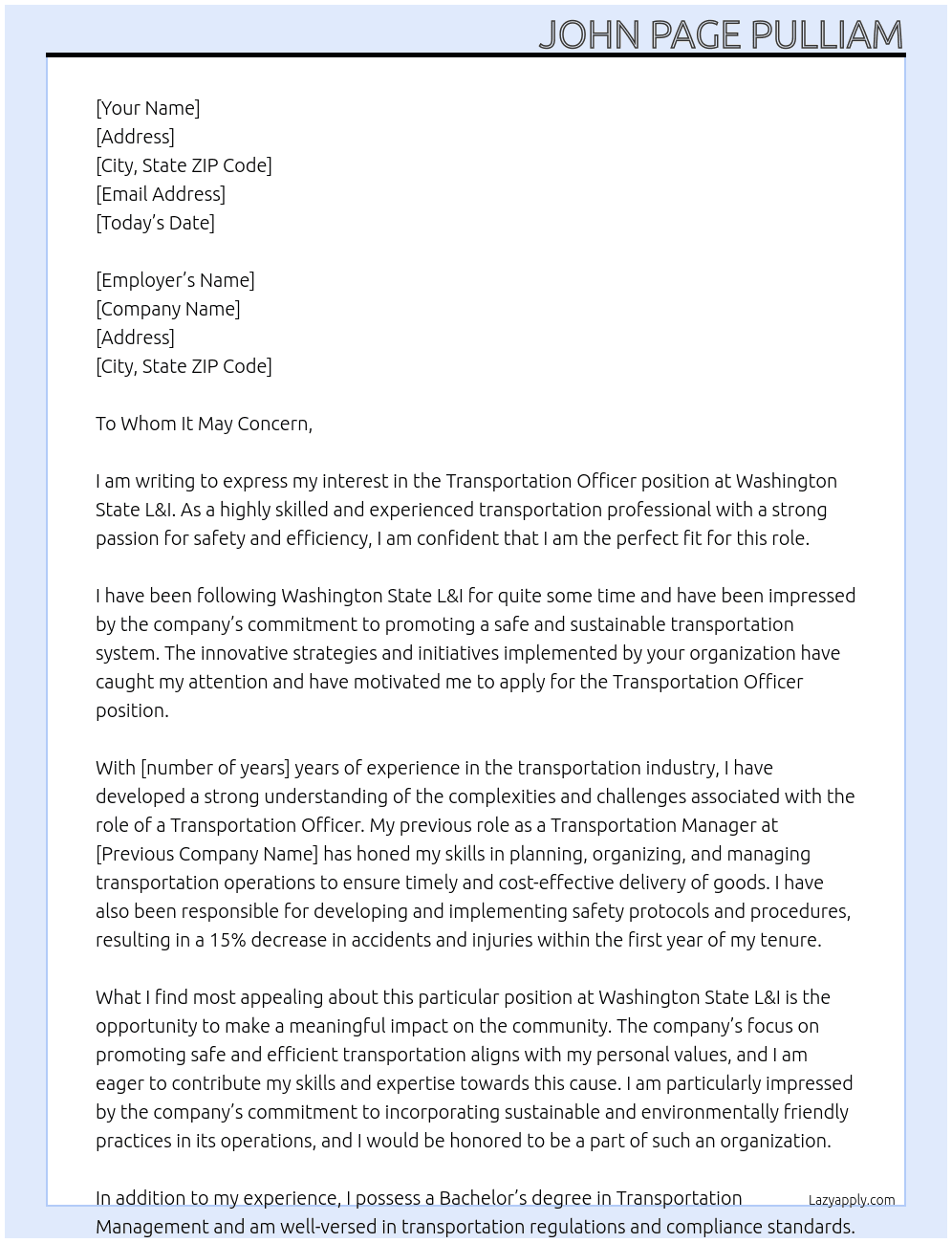 Transportation officer At Washington State L&I Cover Letter