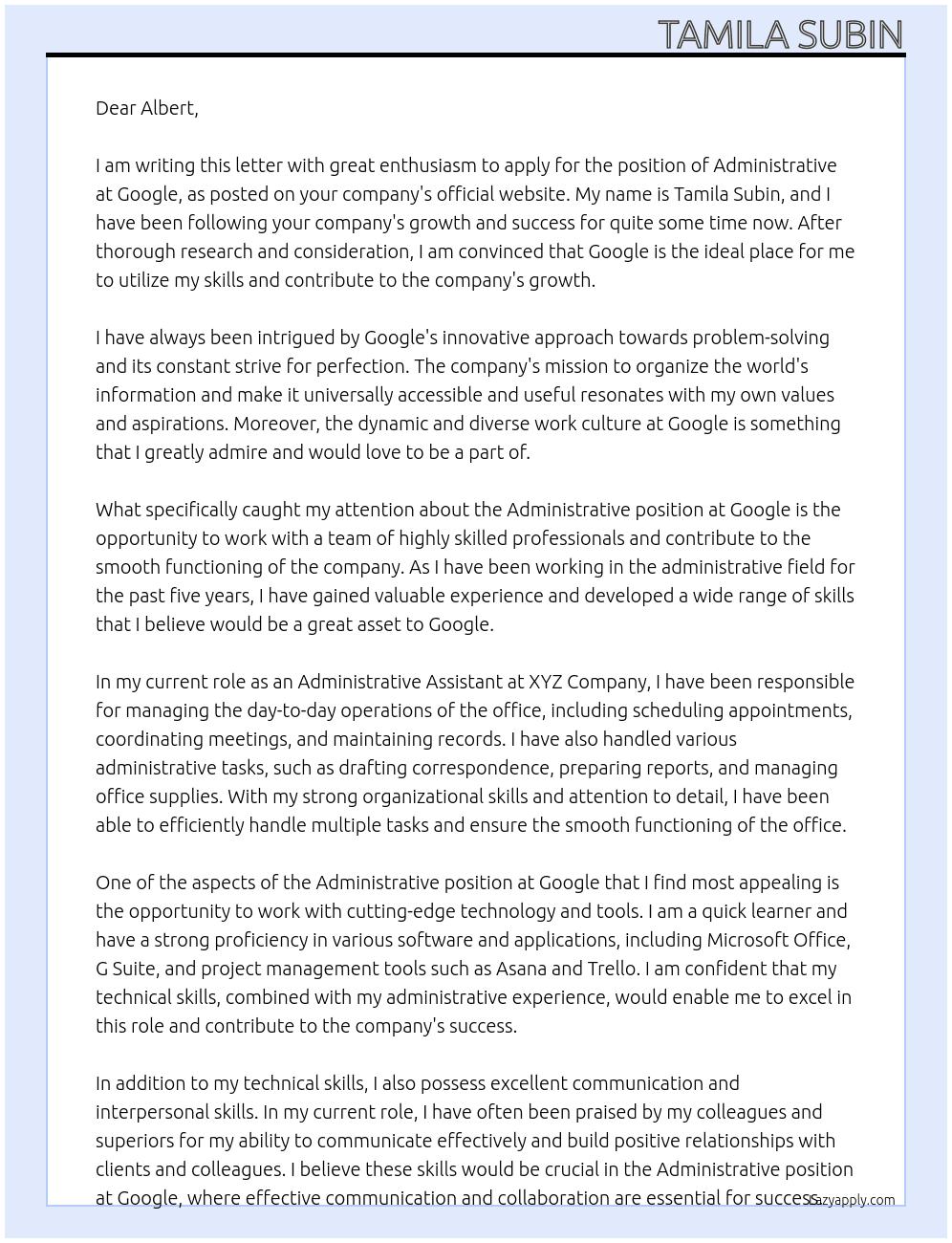 Administrative At Google Cover Letter