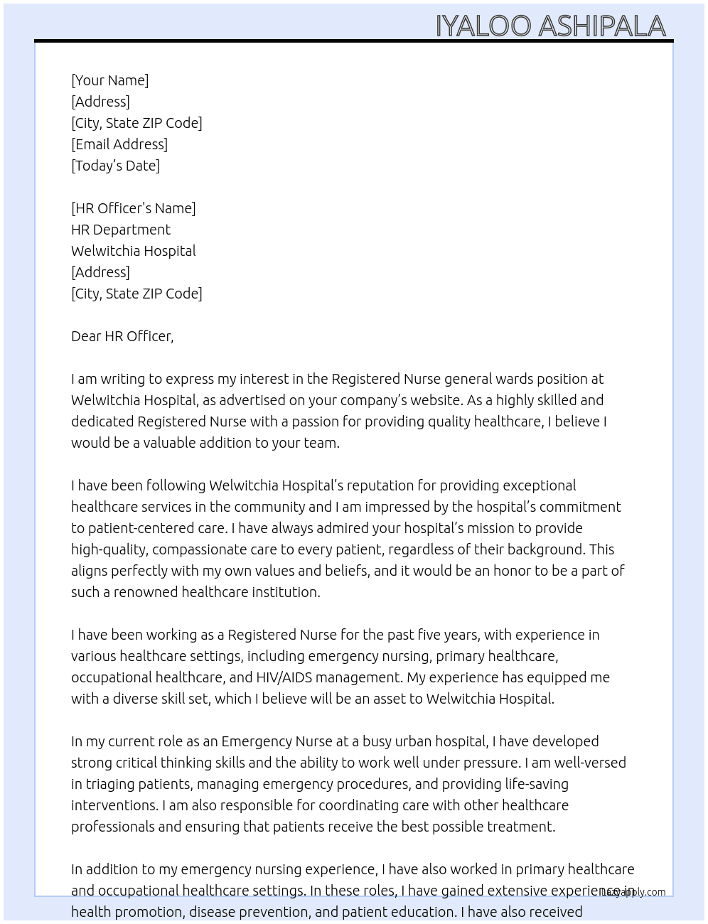 Registered Nurse general wards At Welwitchia Hospital  Cover Letter
