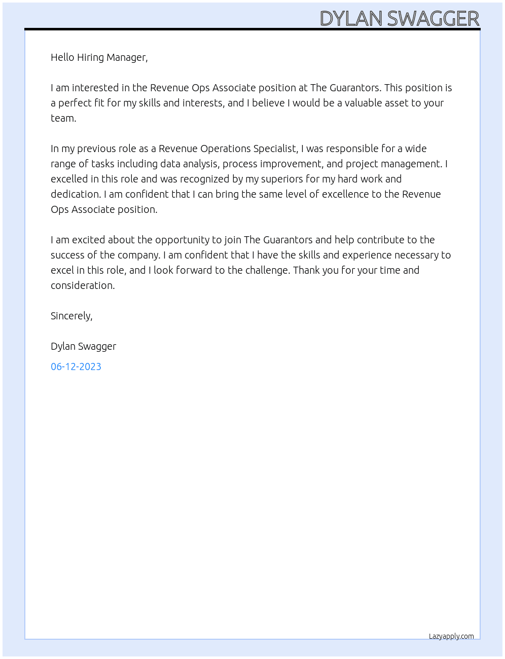 Revenue Ops Associate At The Guarantors Cover Letter