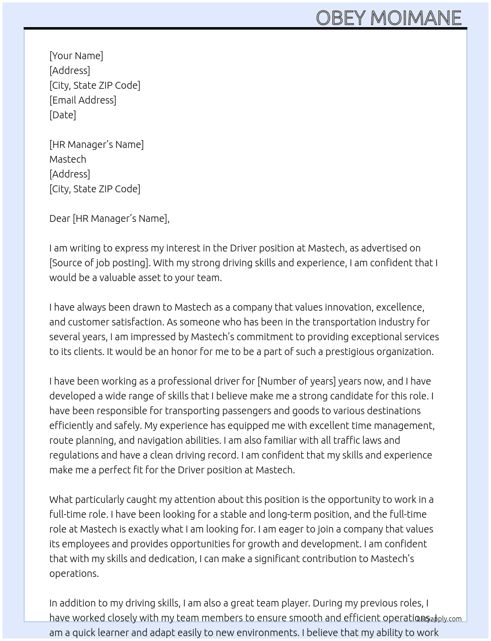 Ddiver At Mastech Cover Letter