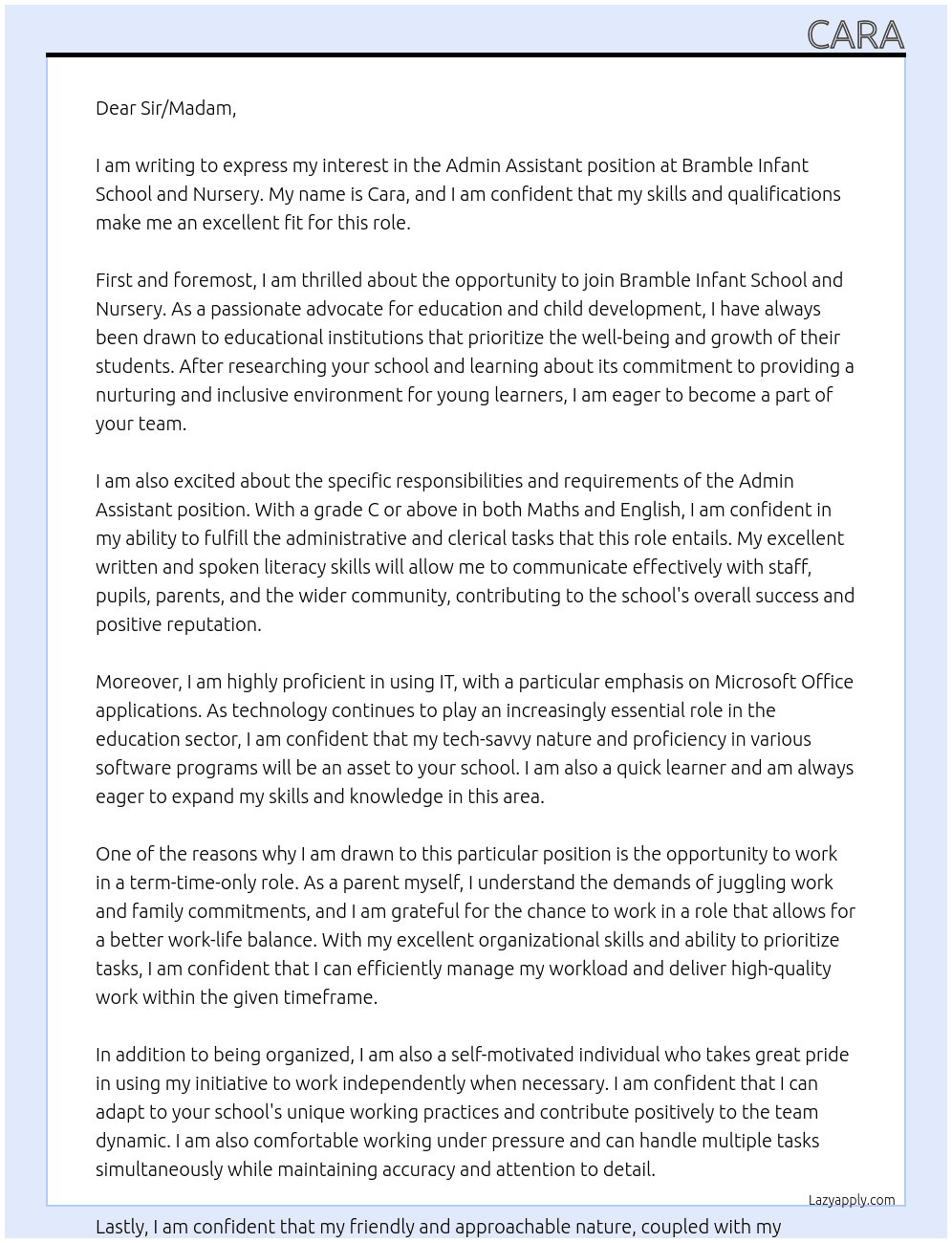 Admin Assistant  At Bramble Infant School and Nursery Cover Letter