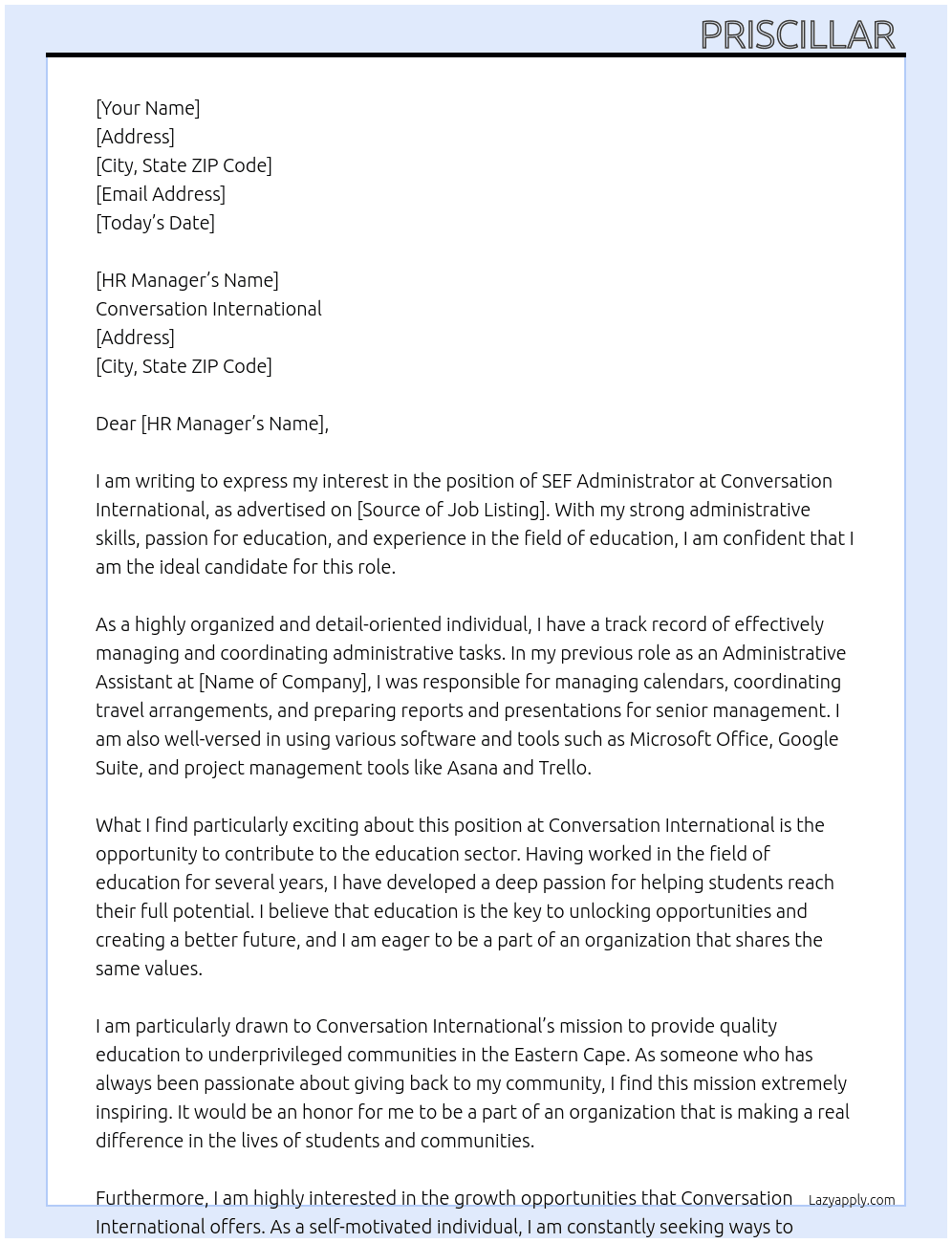 SEF Administrator  At Conversation international  Cover Letter