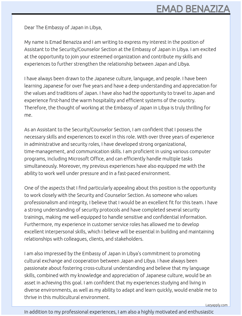 Assistant to the Security/Counselor Section At Embassy of Japan in Libya Cover Letter