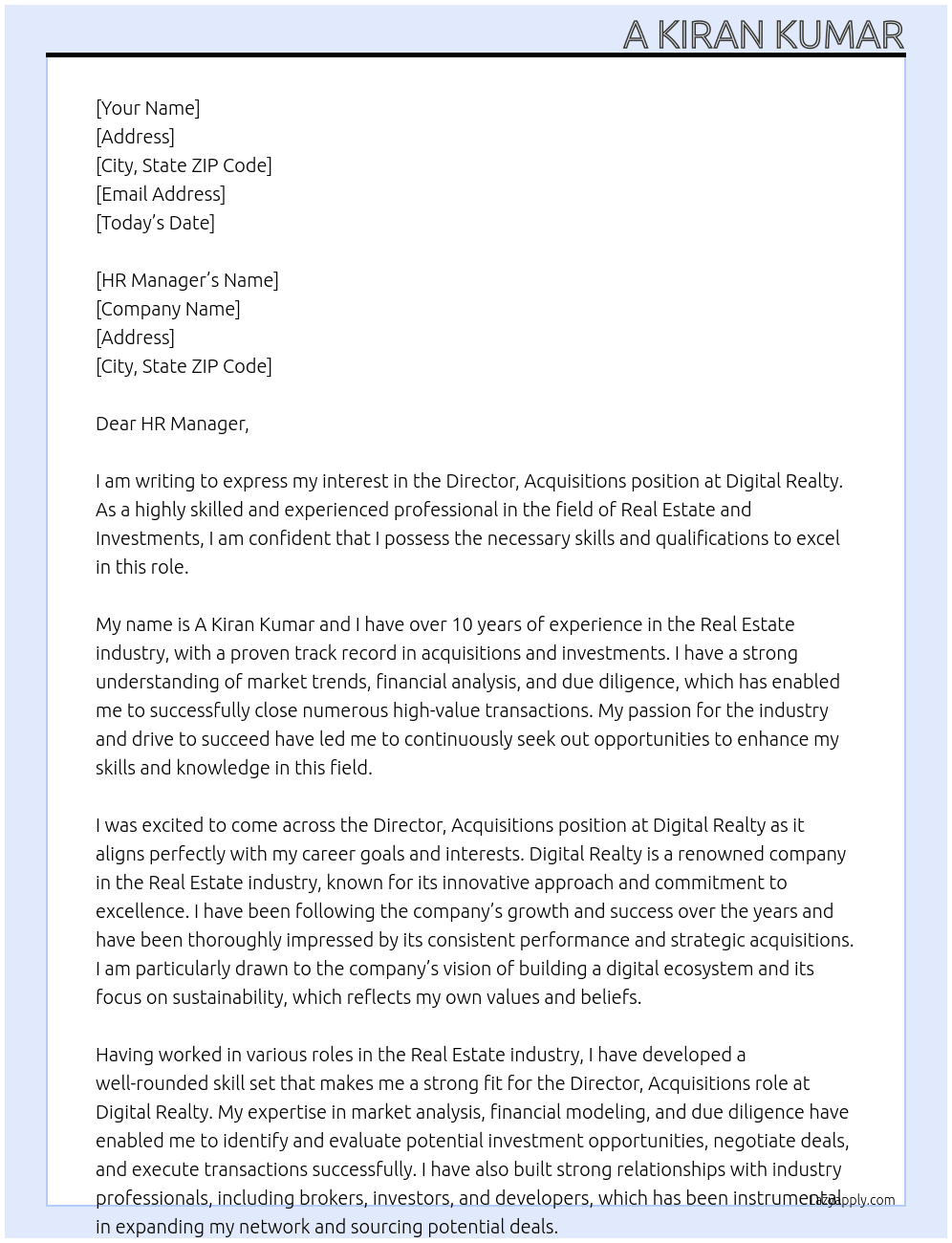 Director, Acquisitions At Digital Realty Cover Letter