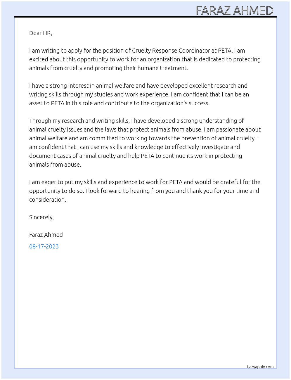 Cruelty response coordinator  At PETA Cover Letter