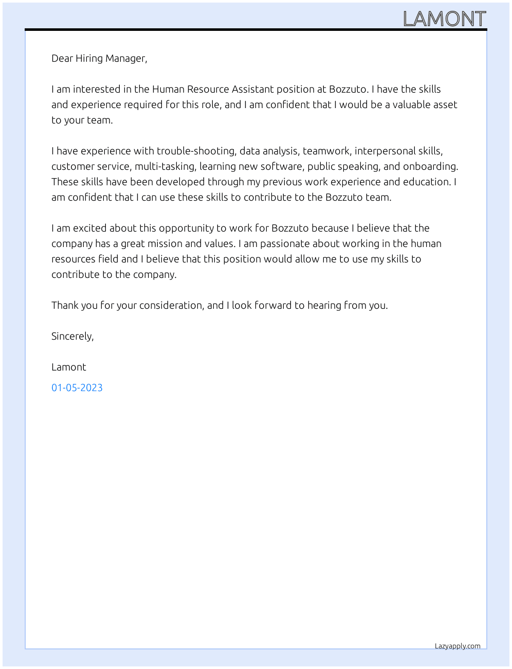 Human Resource Assistant At Bozzuto Cover Letter