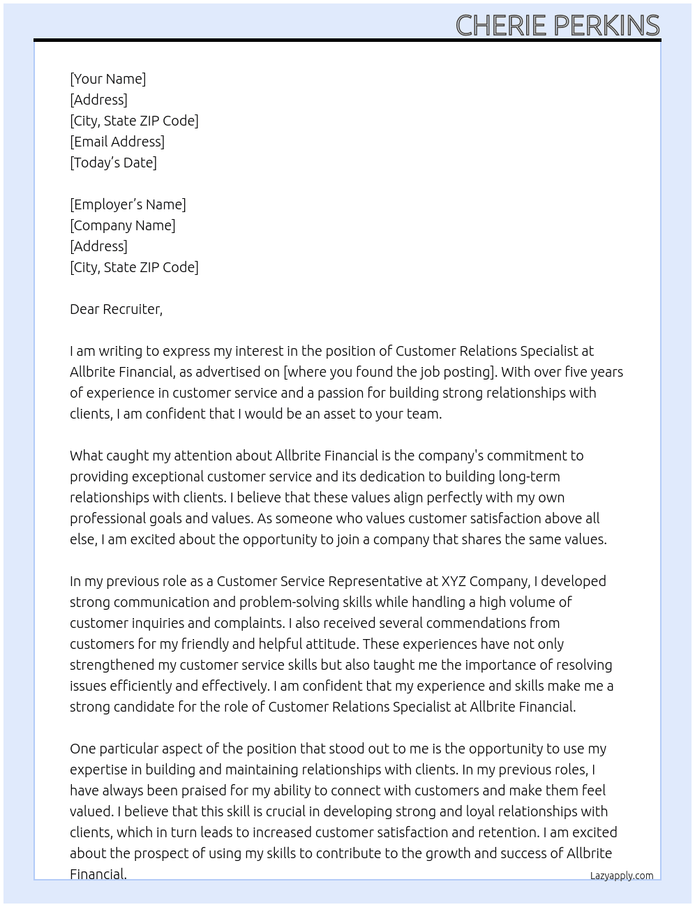 Customer Relations Speecialist At Allbrite Financial Cover Letter