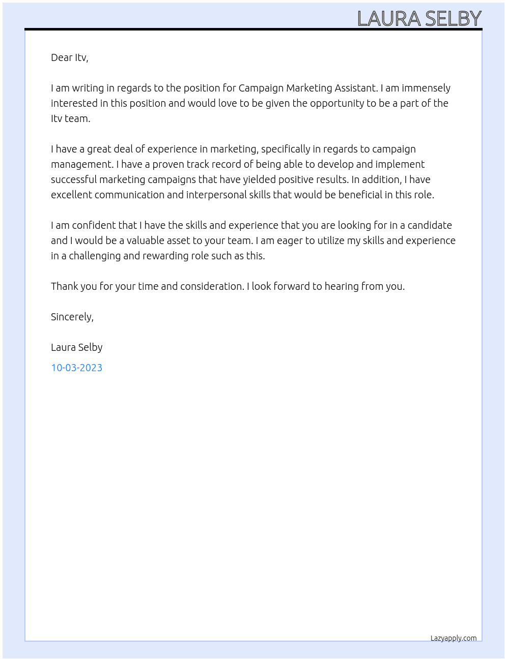 Campaign Marketing Assistant  At Itv  Cover Letter