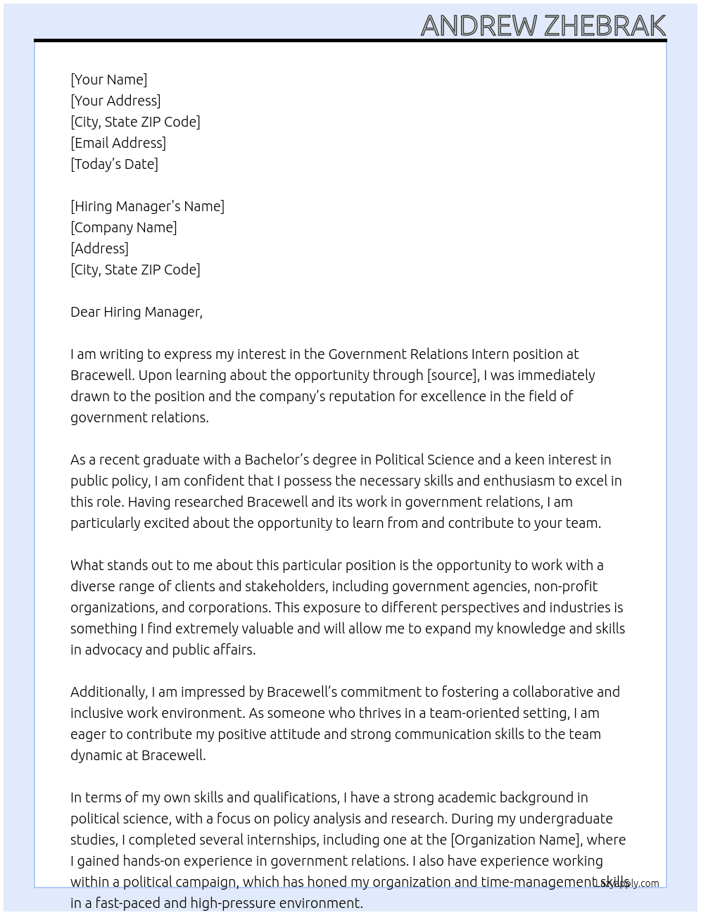 Government Relations Intern  At Bracewell Cover Letter