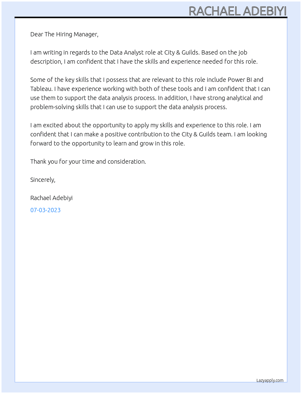 data analyst At City & Guilds Cover Letter