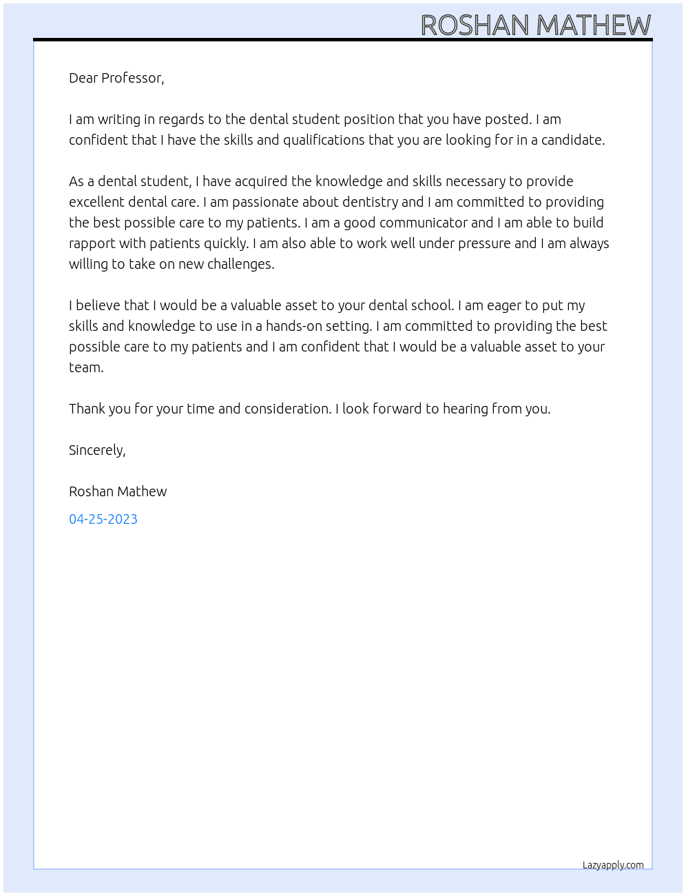 Dental student At Dnetal school Cover Letter
