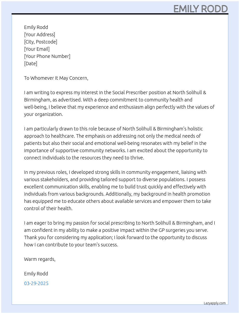 Social prescriber  At North Solihull & Birmingham based in GP Surgeries Cover Letter