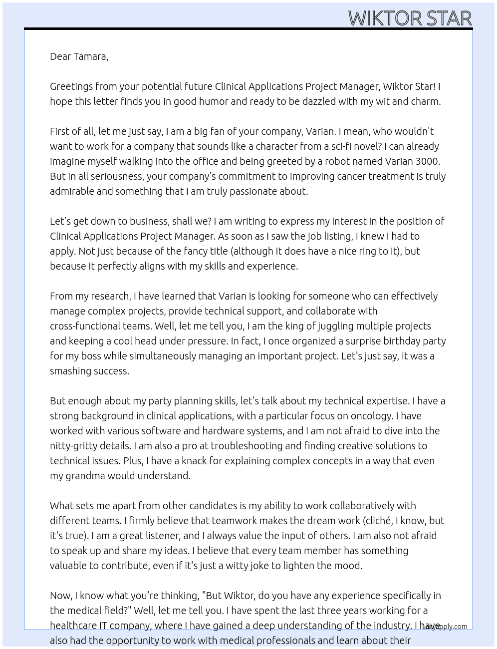 Clinical Applications Project Manager At Varian Cover Letter