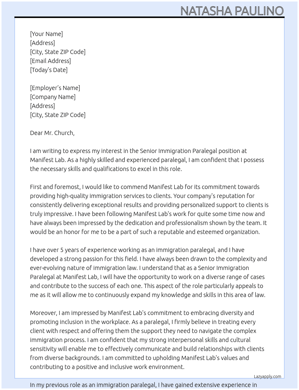 Senior Immigration Paralegal At Manifest Lab Cover Letter
