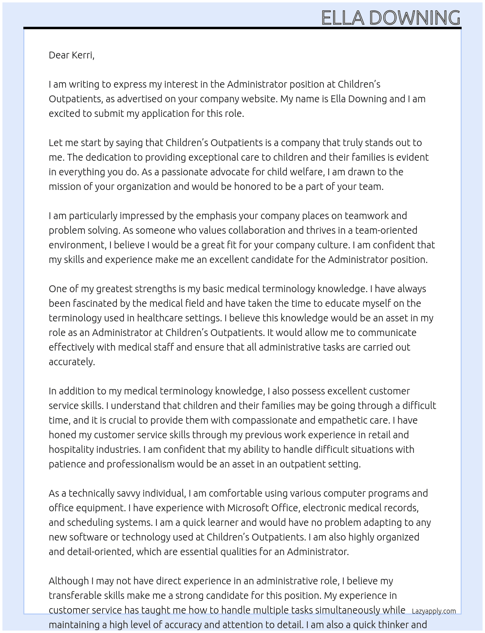 Administrator  At Children’s outpatients Cover Letter