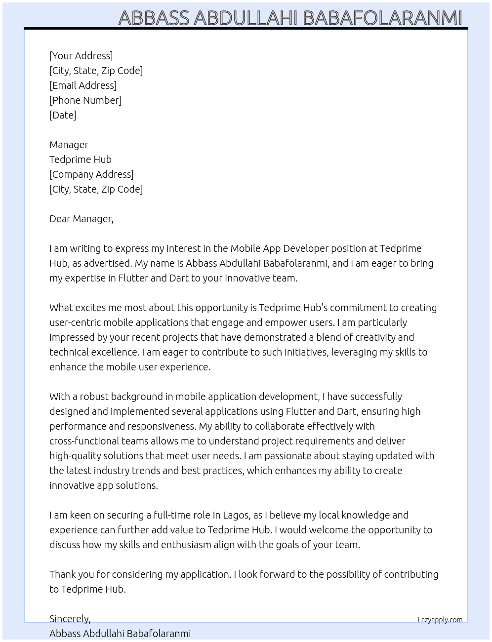 Mobile App developer At Tedprime hub Cover Letter