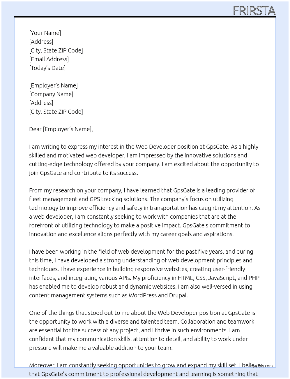 Web developer At GpsGate Cover Letter