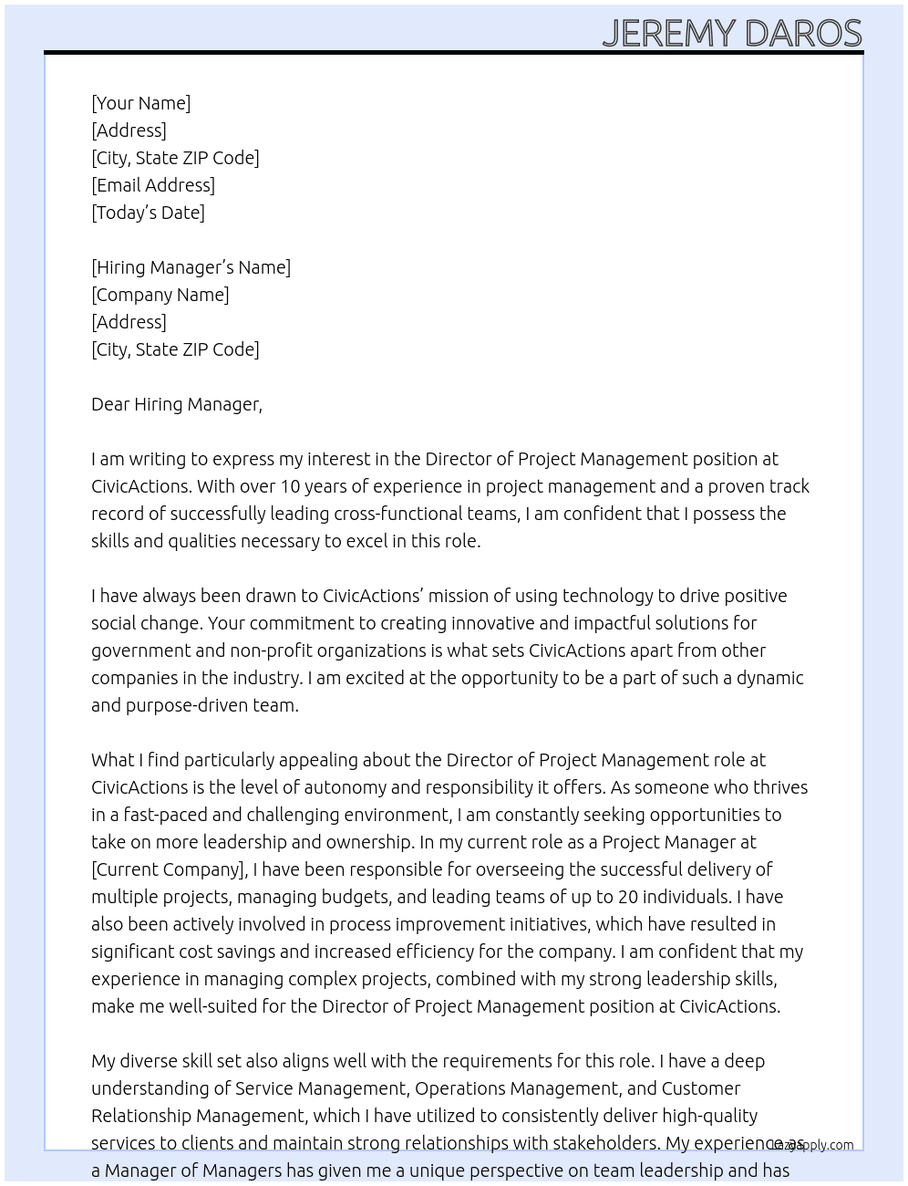 Director of project management At CivicActions Cover Letter