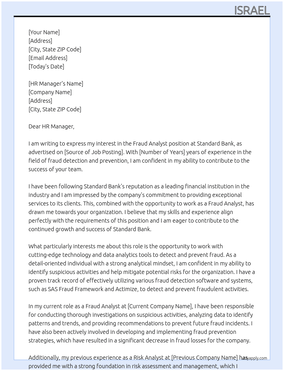 Fraud analyst At Standard bank  Cover Letter