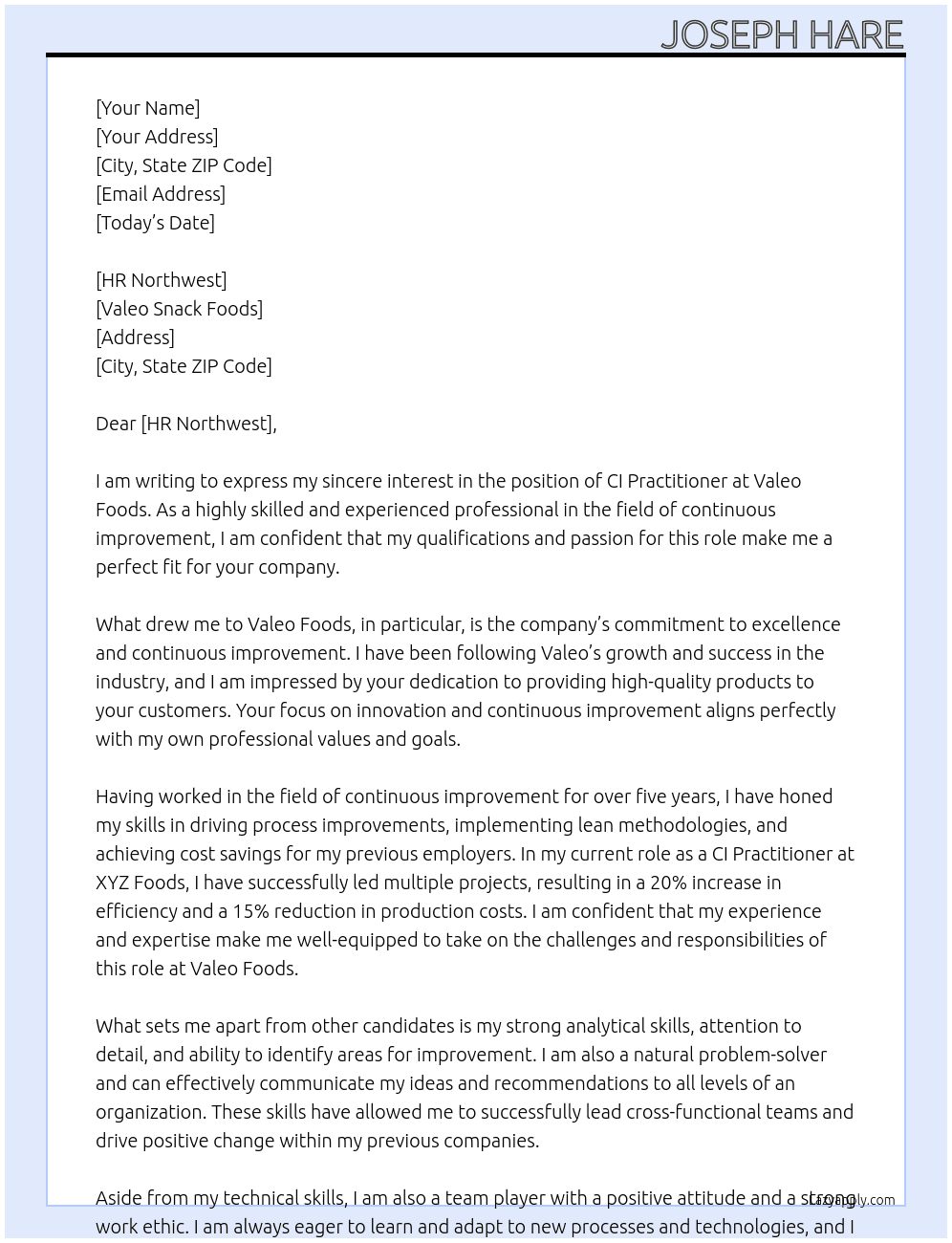 CI Practitioner At Valeo Foods Cover Letter