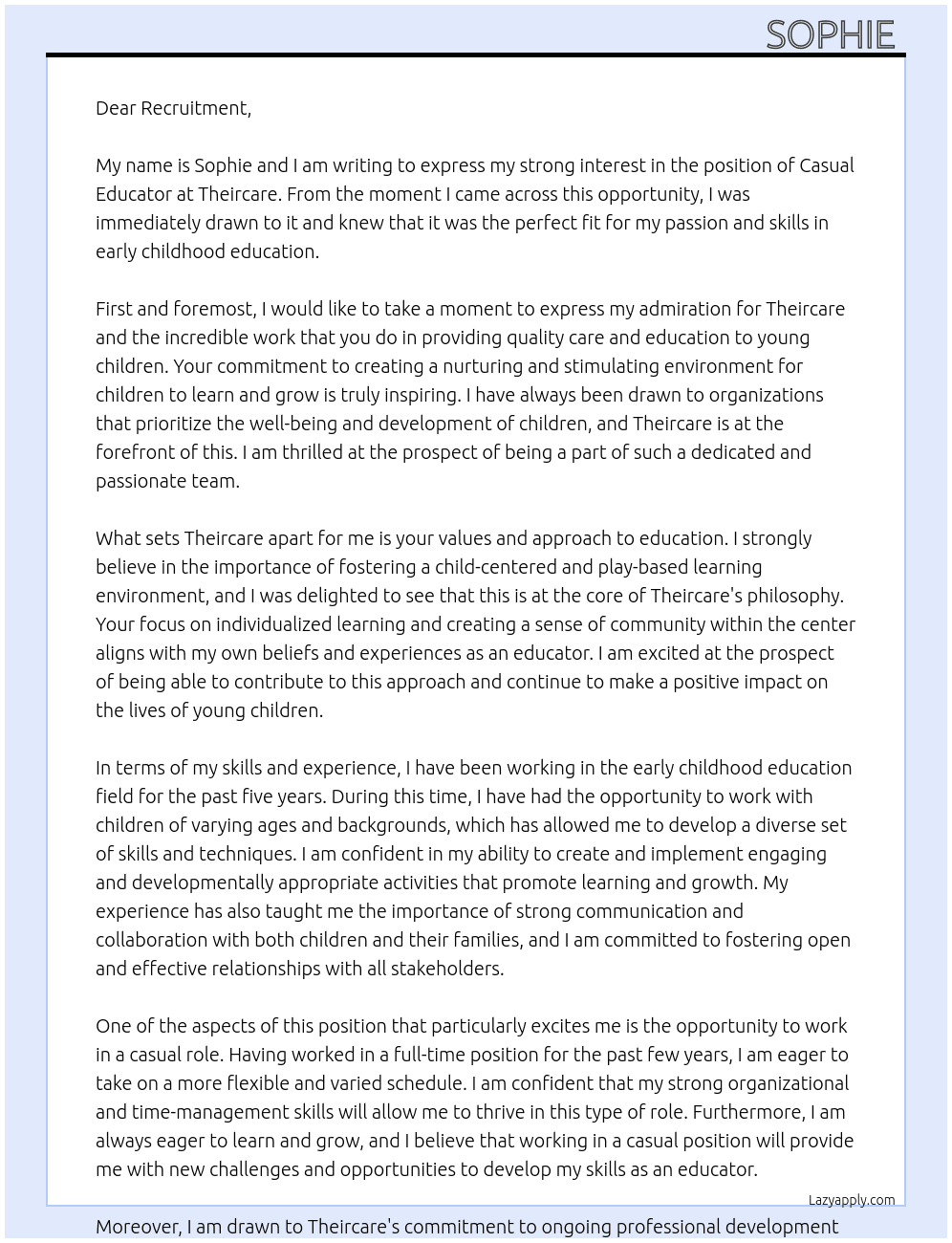 casual educator  At Theircare  Cover Letter
