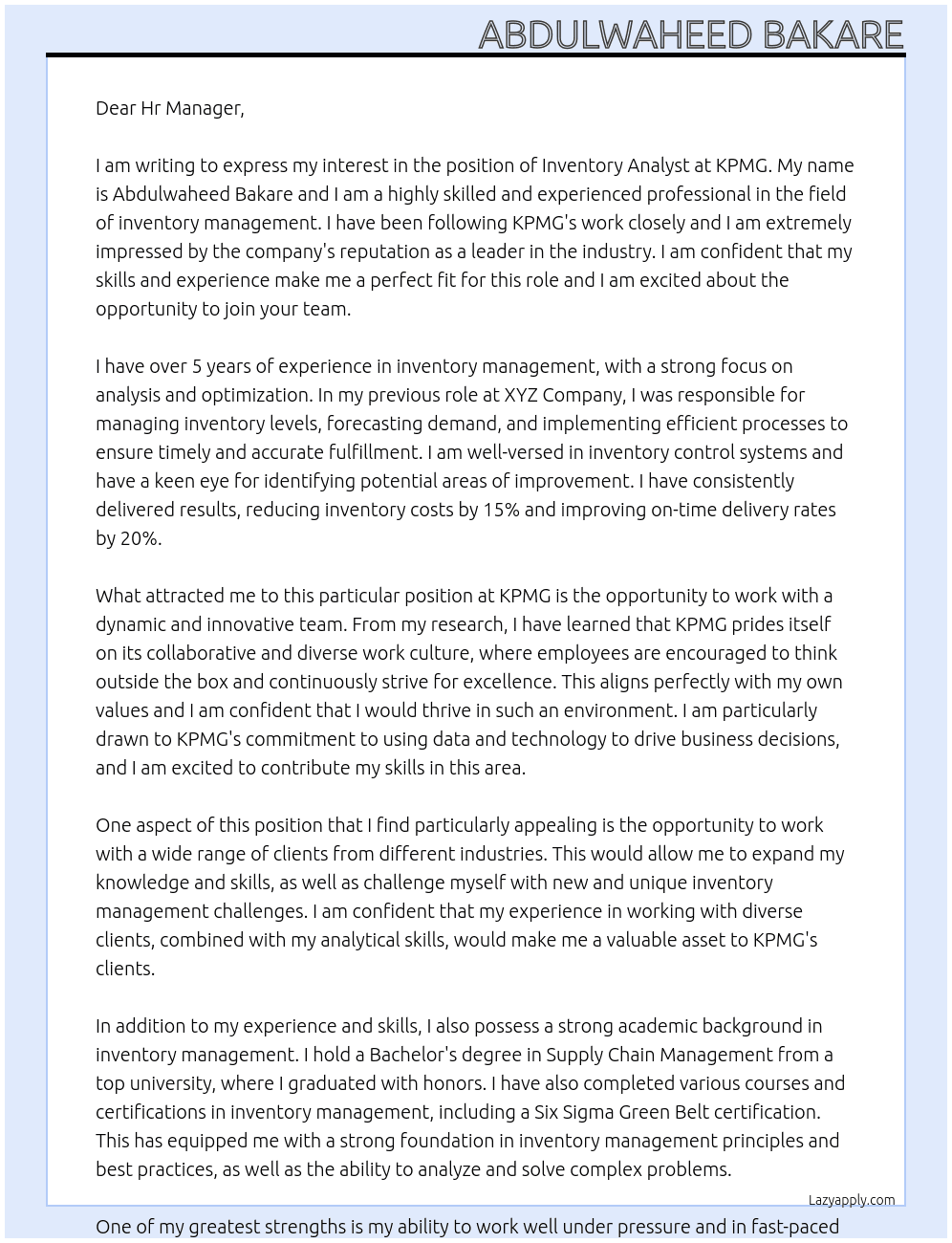 Inventory Analyst At kpmg Cover Letter