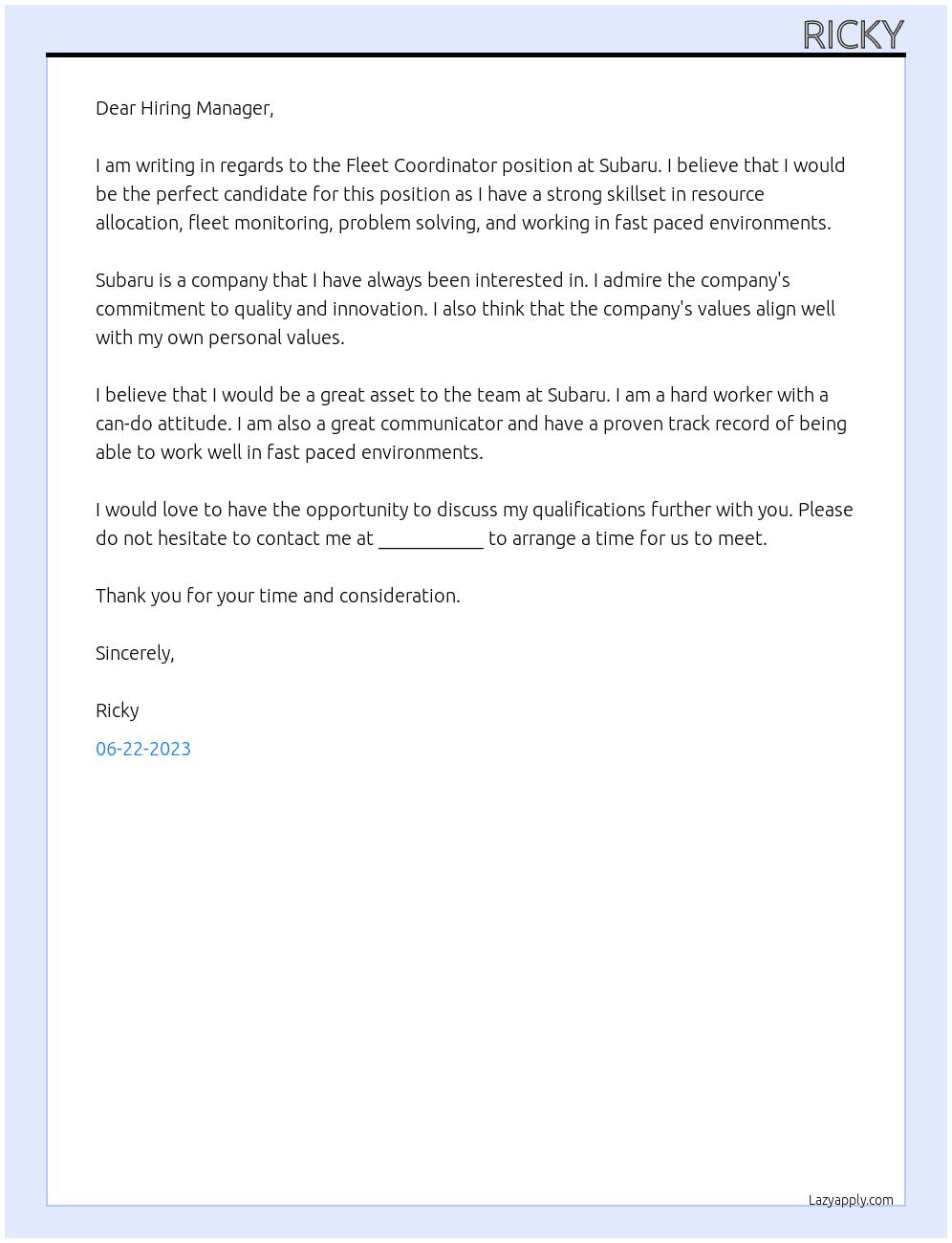 Fleet Coordinator At Subaru Cover Letter