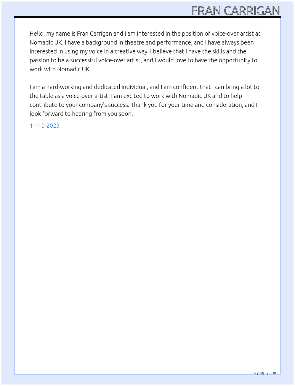 Voice-over artist At Nomadic UK Cover Letter
