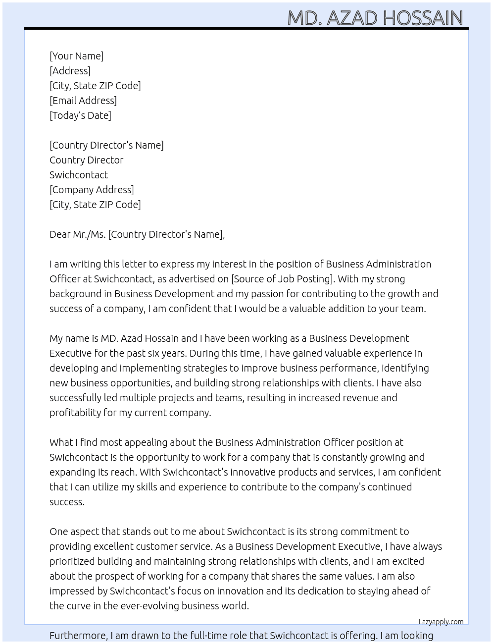 Application for Business Administration Officer At Swichcontact  Cover Letter