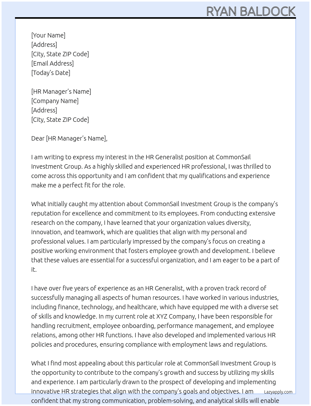 HR Generalist At CommonSail Investment Group Cover Letter