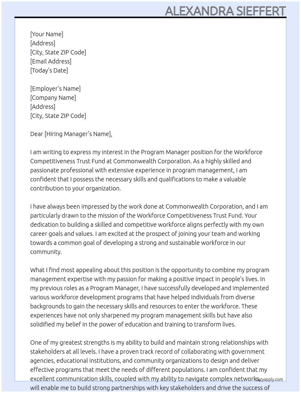  Program Manager for the Workforce Competitiveness Trust Fund At Commonwealth Corporation  Cover Letter