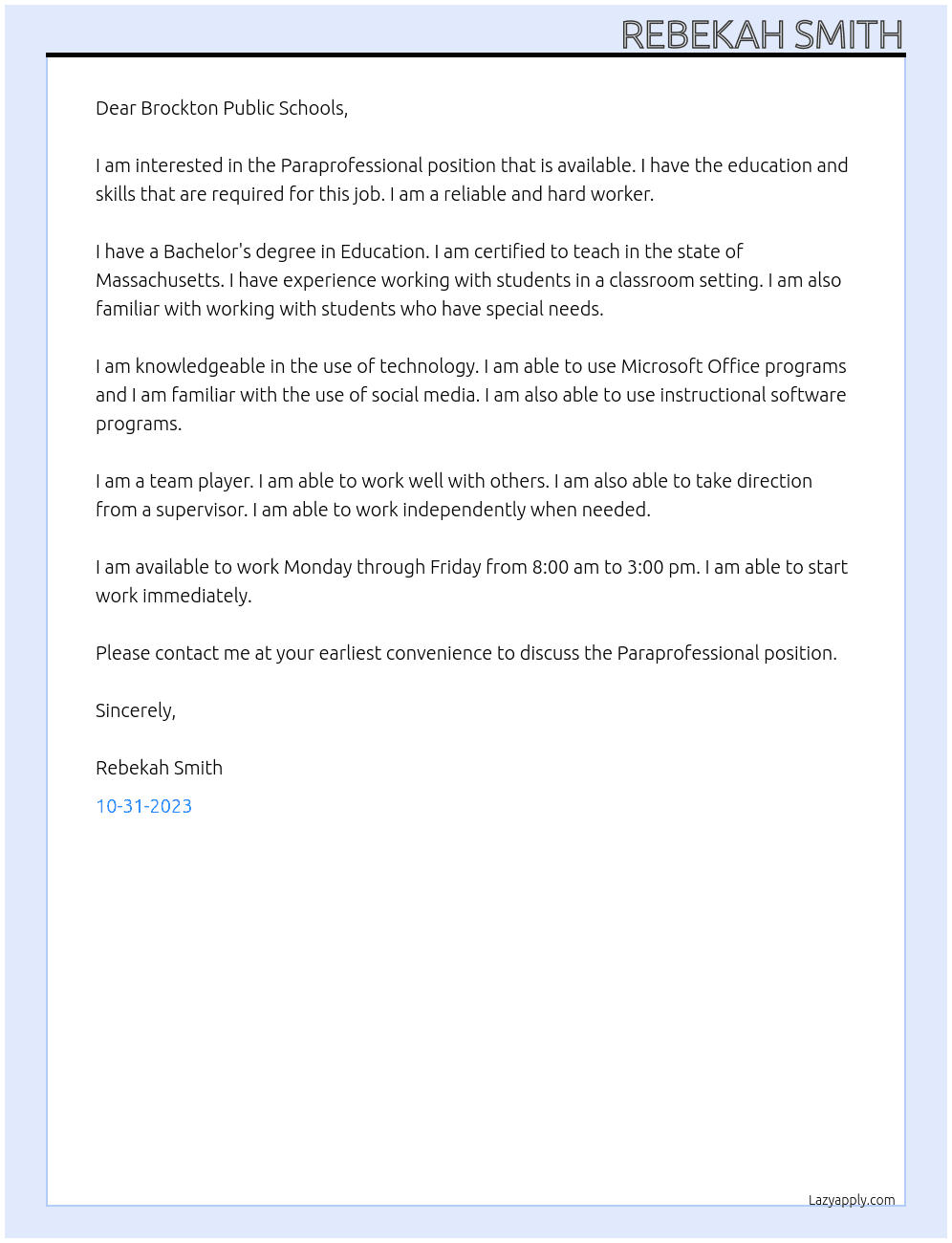 Paraprofessional At Brockton Public Schools Cover Letter