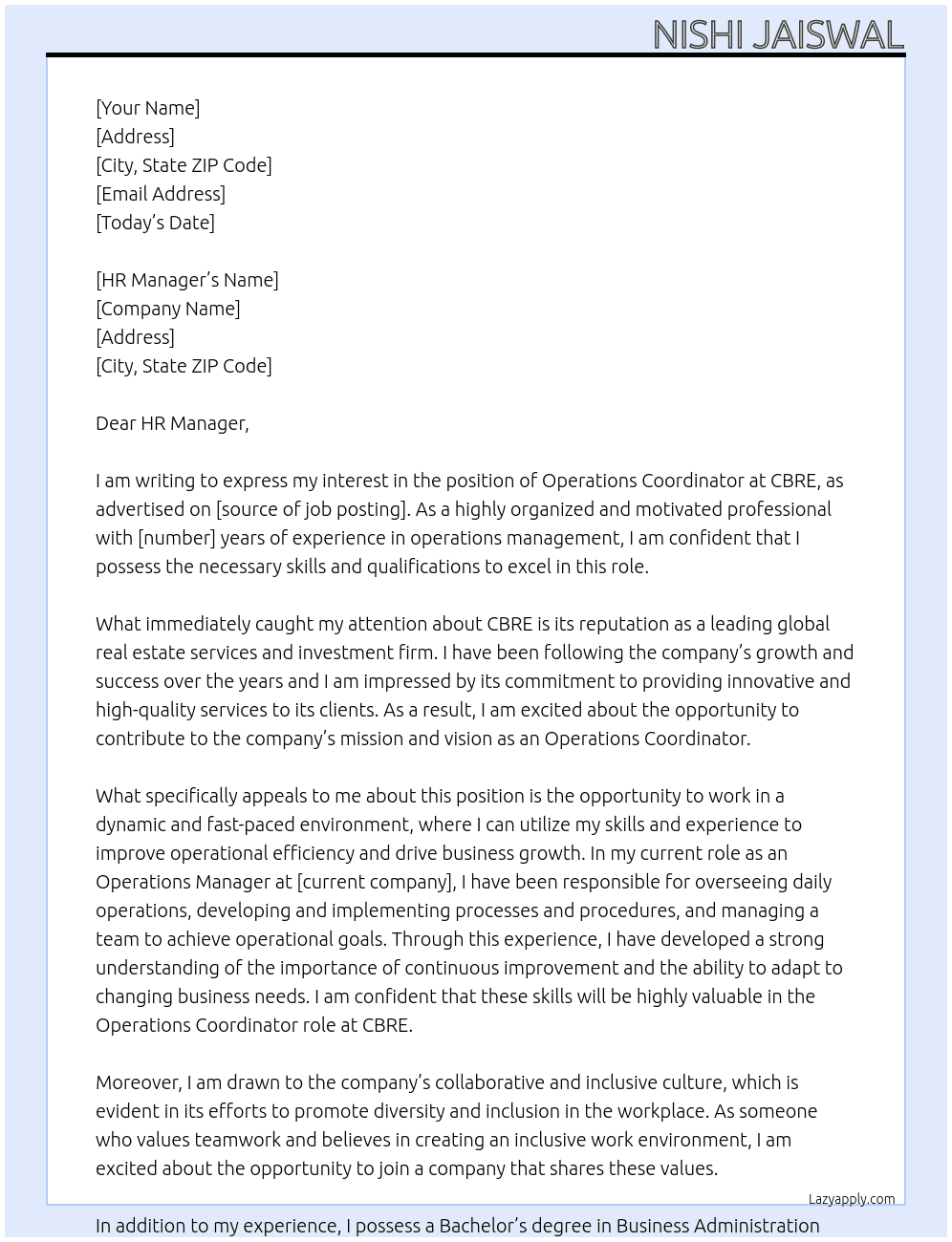 OPERATIONS COORDINATOR At CBRE Cover Letter