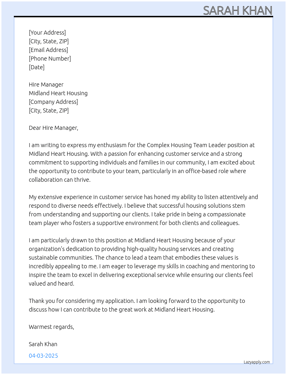 Cover letter for complex housing team leader - LazyApply