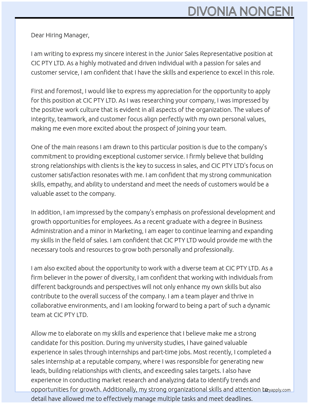 Junior Sales Representative At CIC PTY LTD Cover Letter