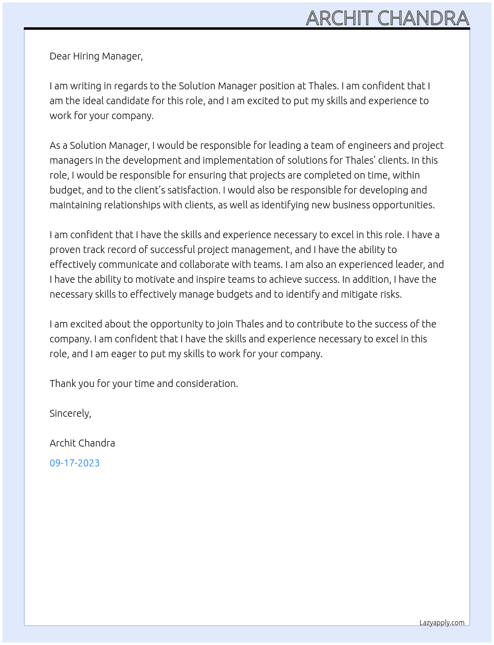 Solution Manager At Thales Cover Letter