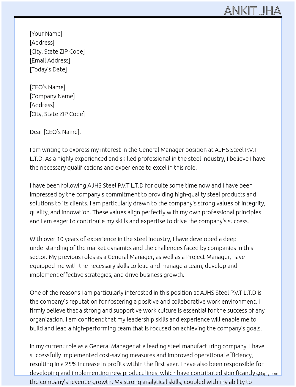 genral manager At AJHS Steel P.V.T L.T.D Cover Letter