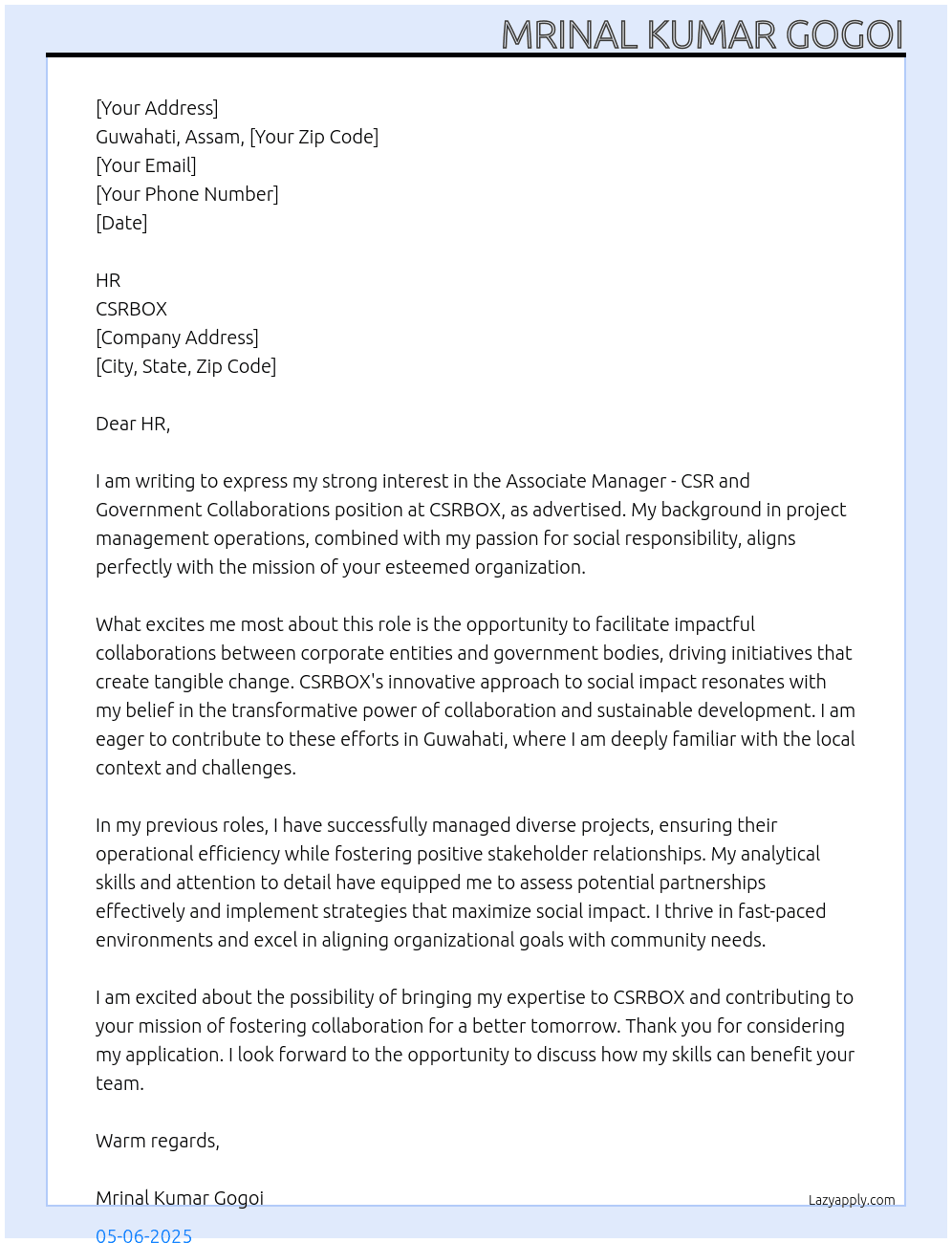 Associate Manager- CSR and Government Collaborations At CSRBOX Cover Letter