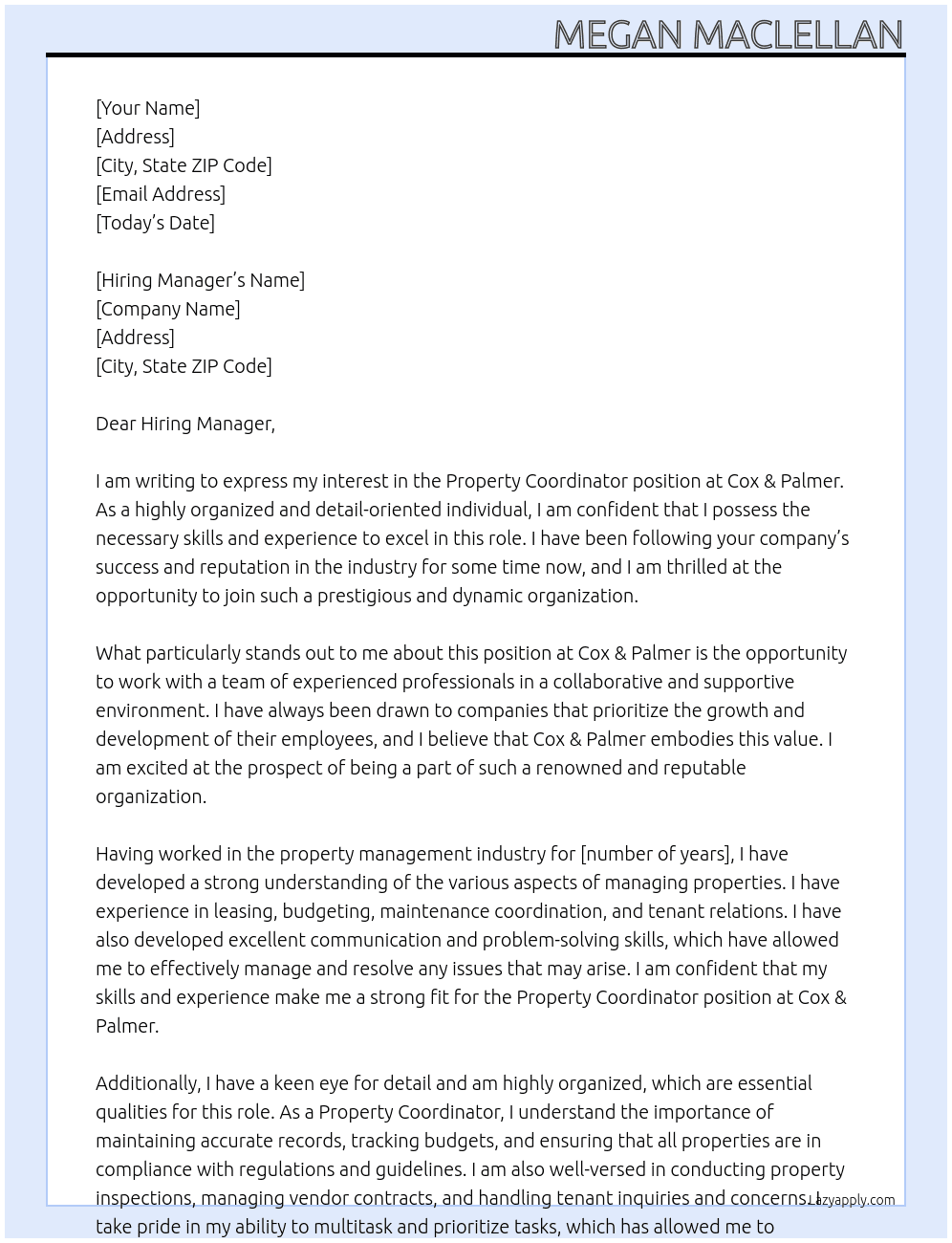 Property Coordinator At Cox & Palmer Cover Letter