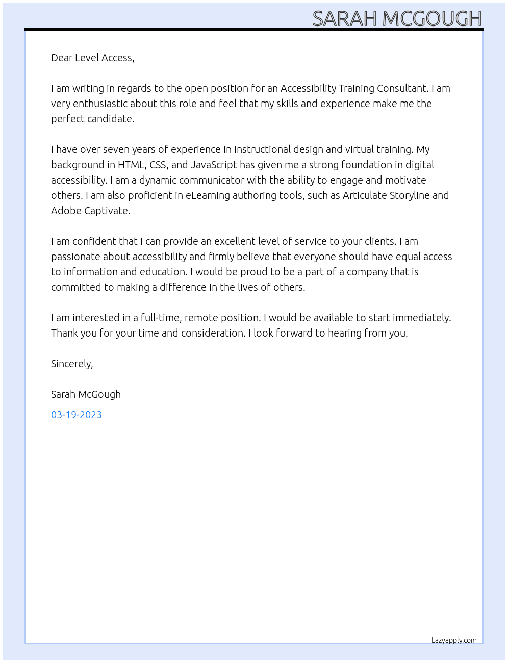 The Accessibility Training Consultant At Level Access  Cover Letter