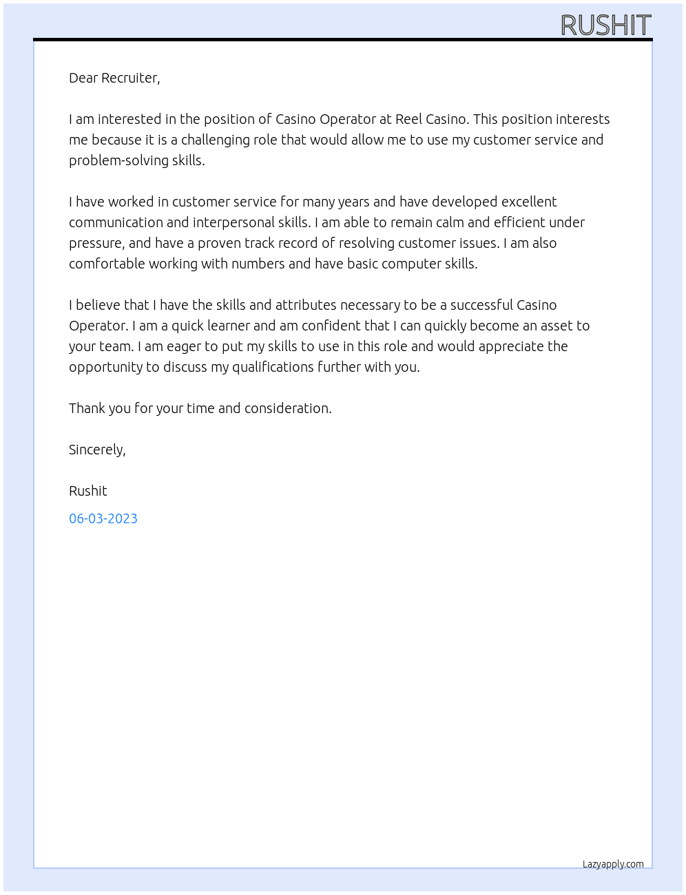 Casino Operator  At Reel Casino Cover Letter