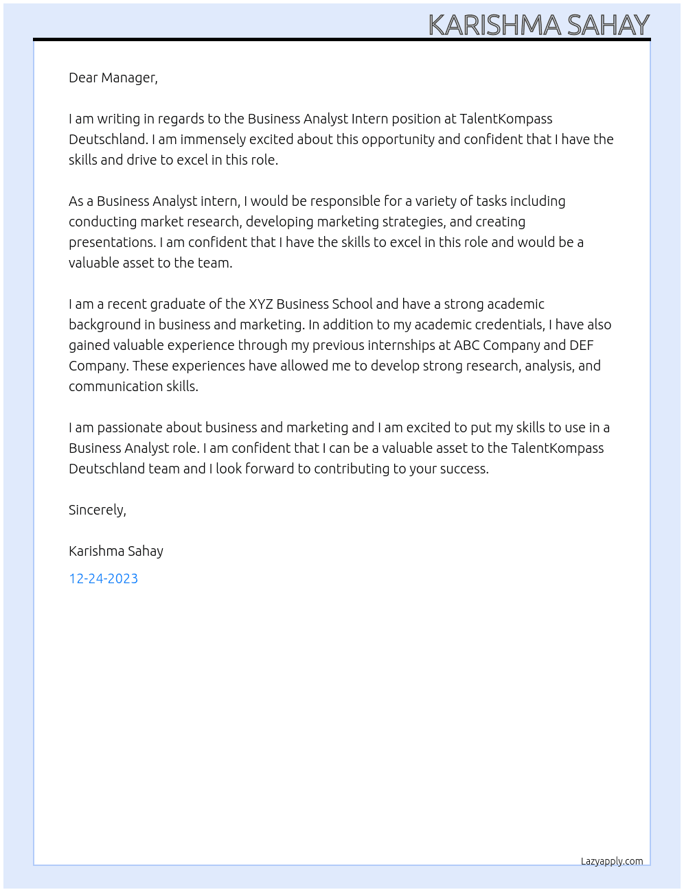 Business Analyst intern At TalentKompass Deutschland  Cover Letter