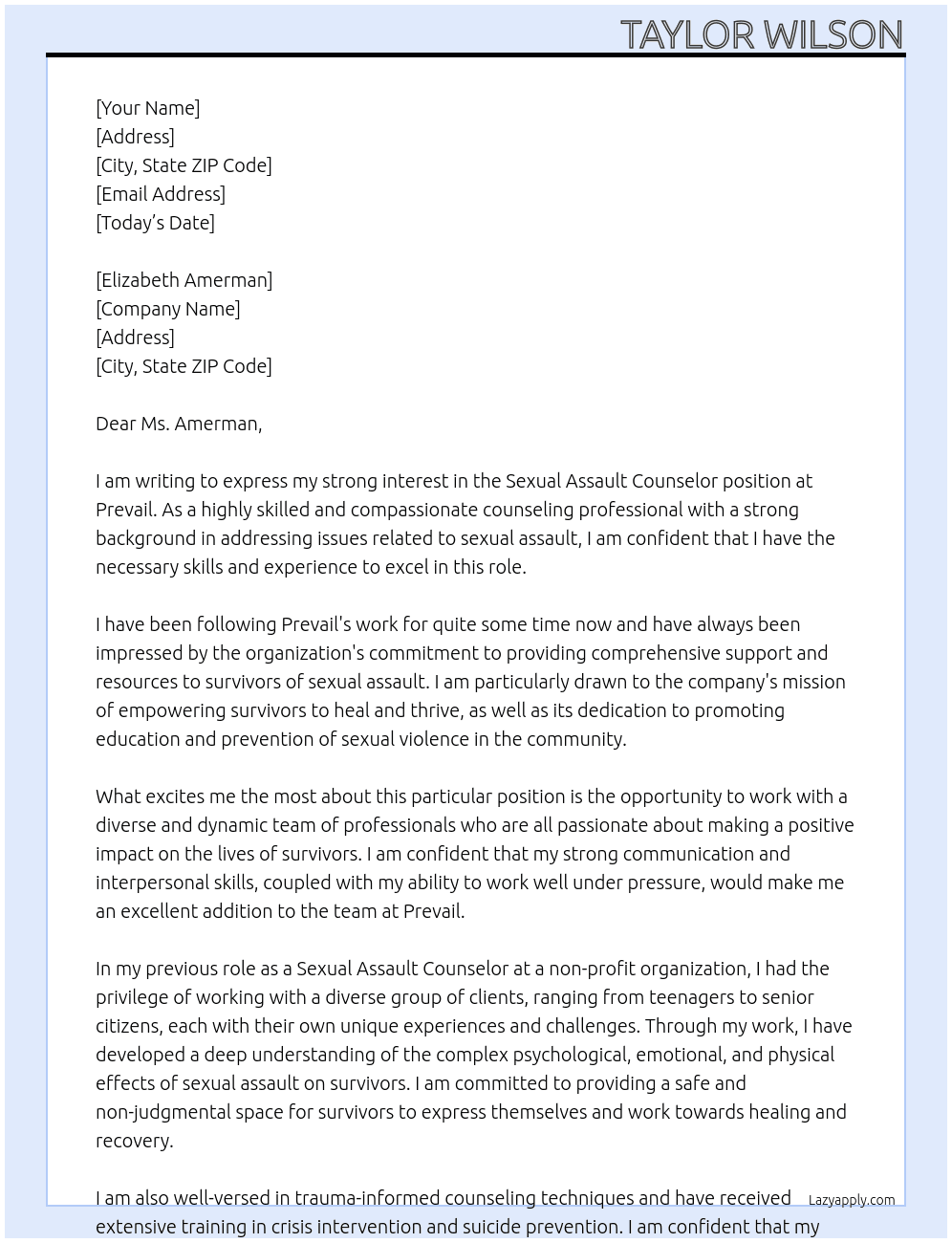 Sexual Assault Counselor At Prevail Cover Letter