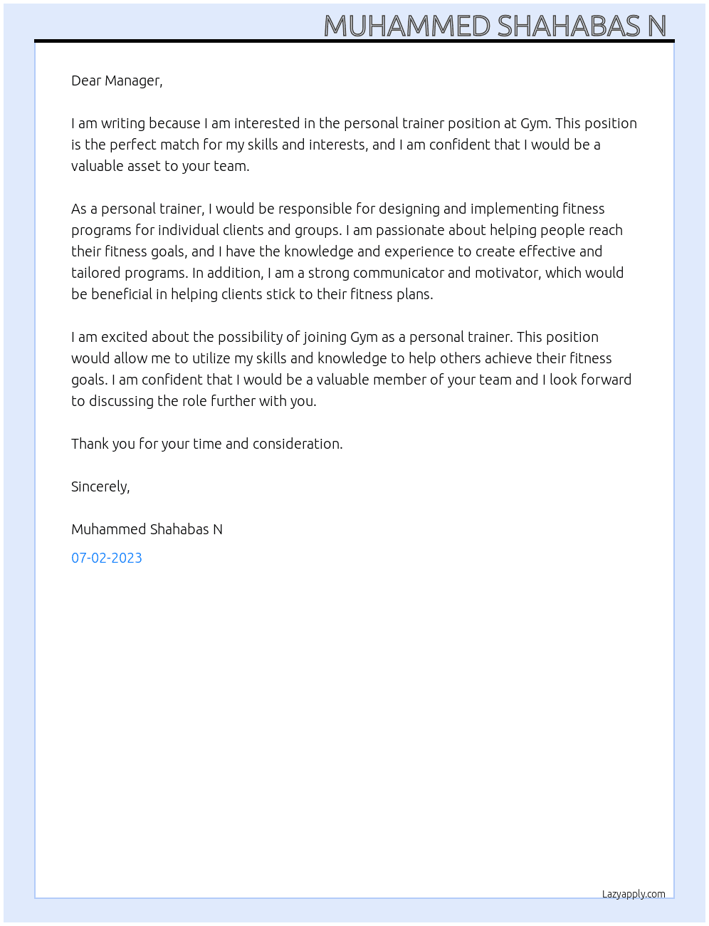 Personal Trainer  At Gym Cover Letter
