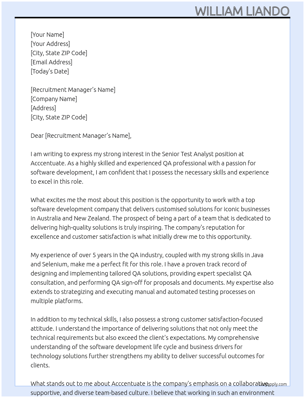 Senior Test Analyst At Acccentuate Cover Letter