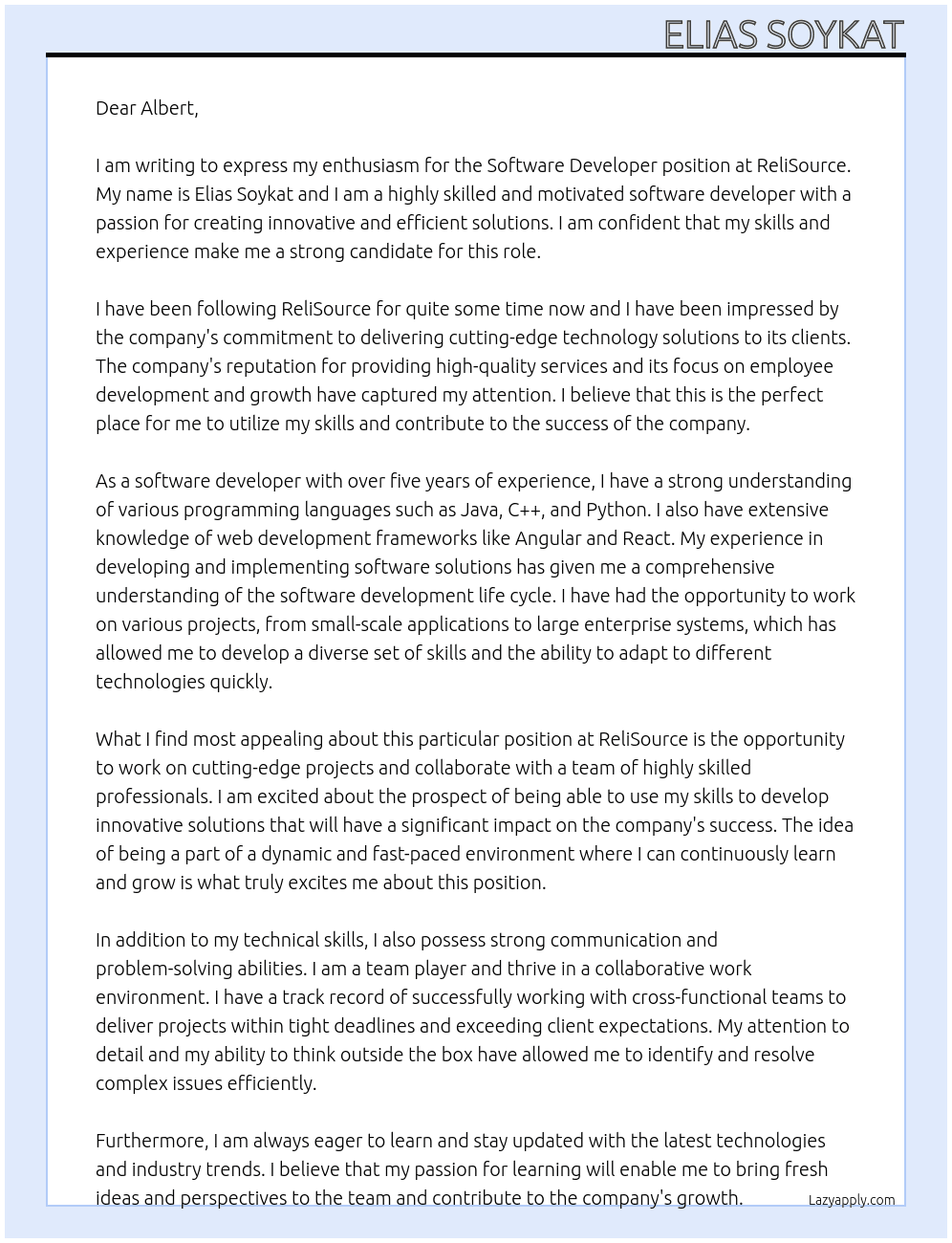 Software Developer At ReliSource Cover Letter